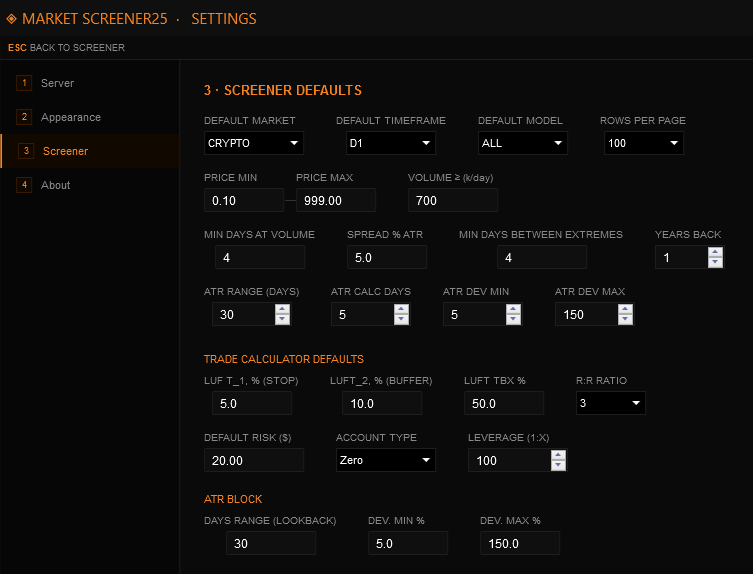 Screener 25 settings: selection parameters, risk and position size calculation